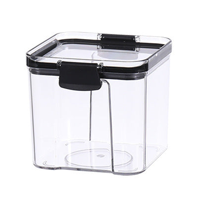 Clear storage container with black lid on a white background