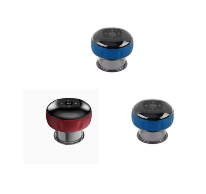 Three small round massager in black, blue, and red on a white background