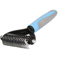 Pet grooming brush with blue handle on a white background