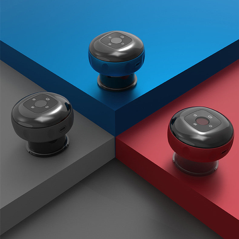 Black electronic devices on a geometric blue, red, and gray background