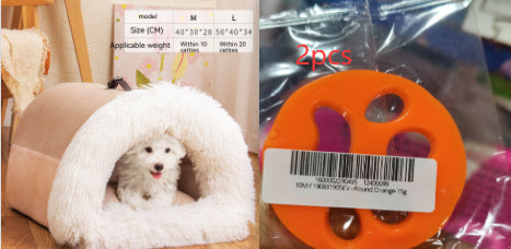 Portable pet nest bed for cats and dogs in brown color with a toy