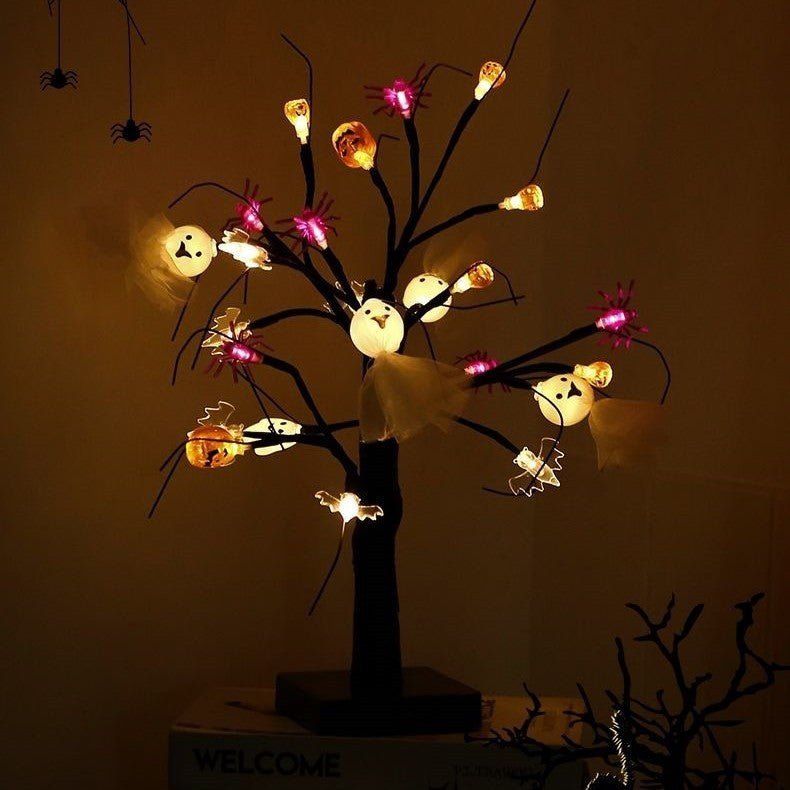 LED Halloween pumpkin spider birch tree light with warm white glow