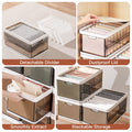 Collage of a storage box with detachable divider, dustproof lid, smooth extraction, and stackable design