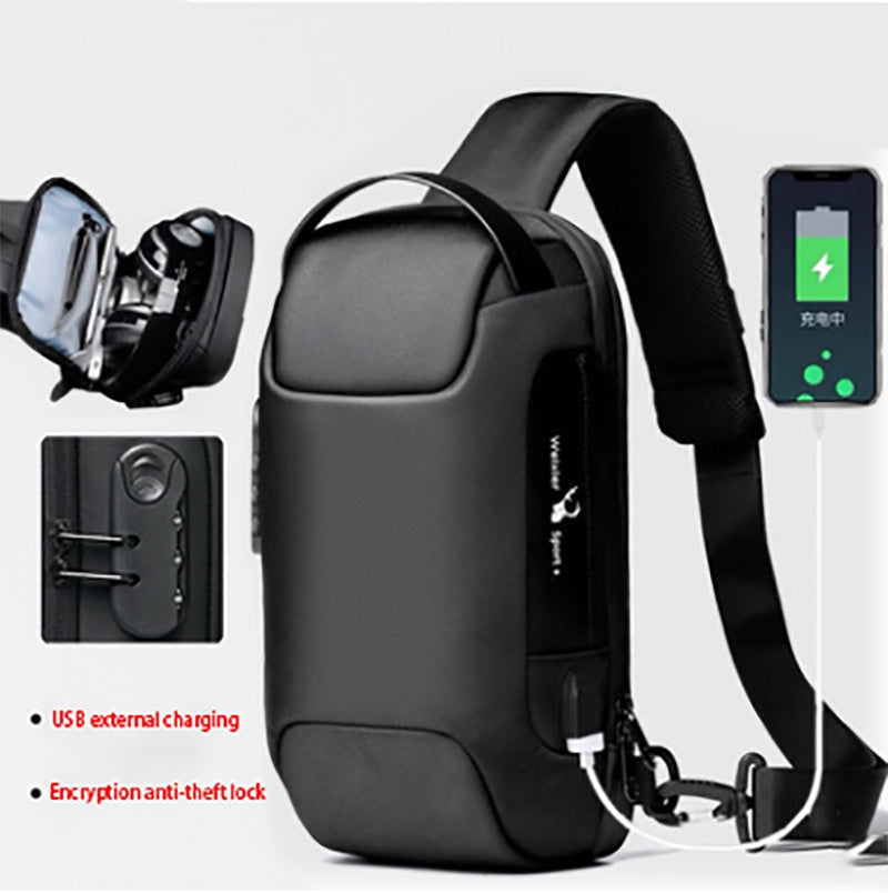 Men’s waterproof anti-theft USB shoulder sling bag in black Oxford cloth with single strap and multiple compartments for travel and daily use