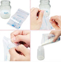 Step-by-step process of using breast milk storage bags with a jar labeled 'Born Free'; Pre-sterilized feeding bags for baby food storage