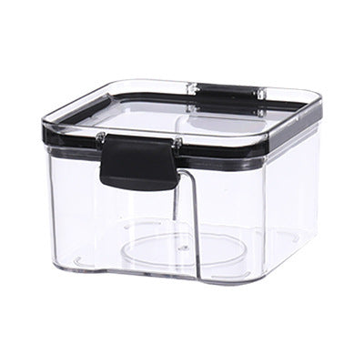 Clear storage container with black lid on a white background