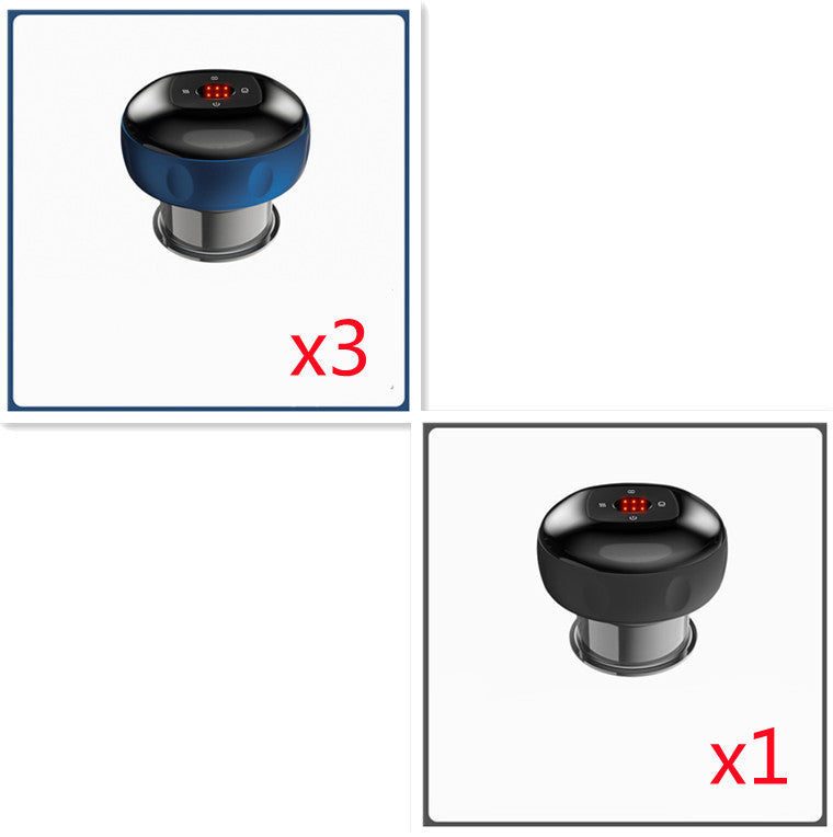 Two images of a black and blue electronic device with digital displays, one showing three devices and the other one