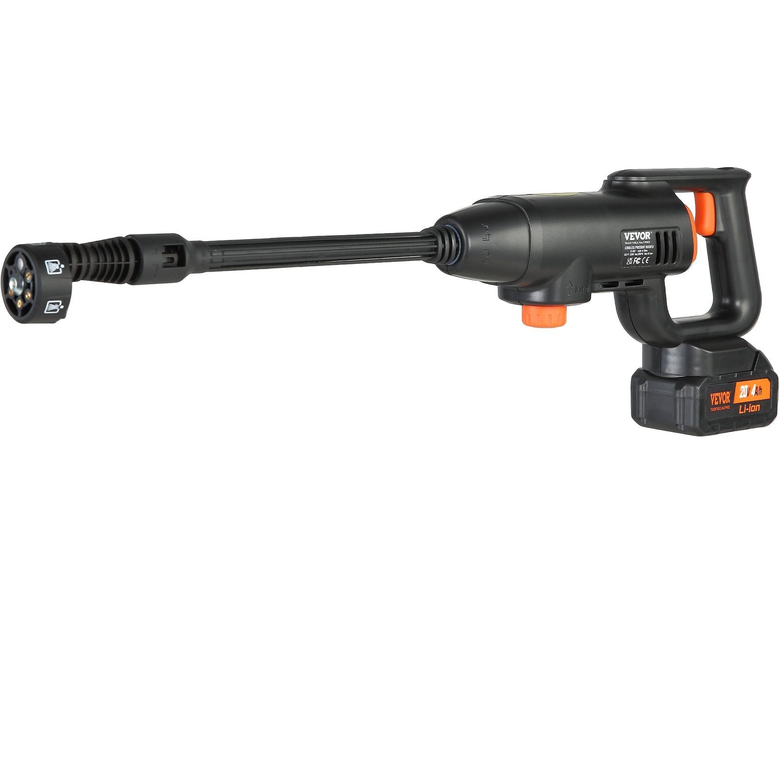 Black pressure washer with orange accents on a white background