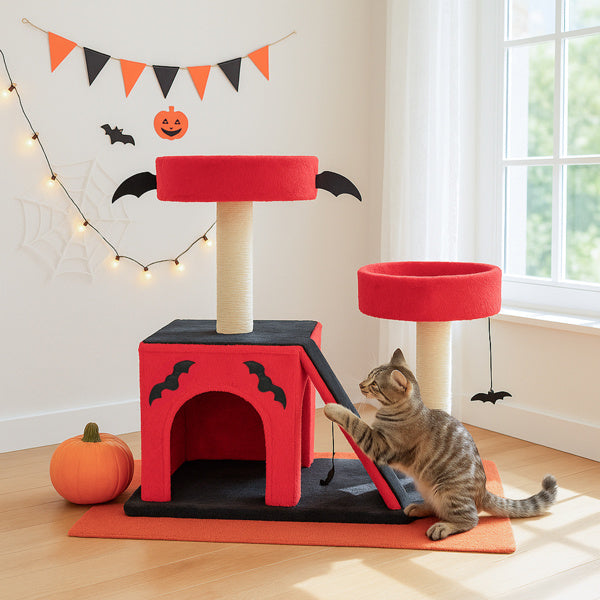 Gothic red and black Halloween cat tree with bat wings and spider toy