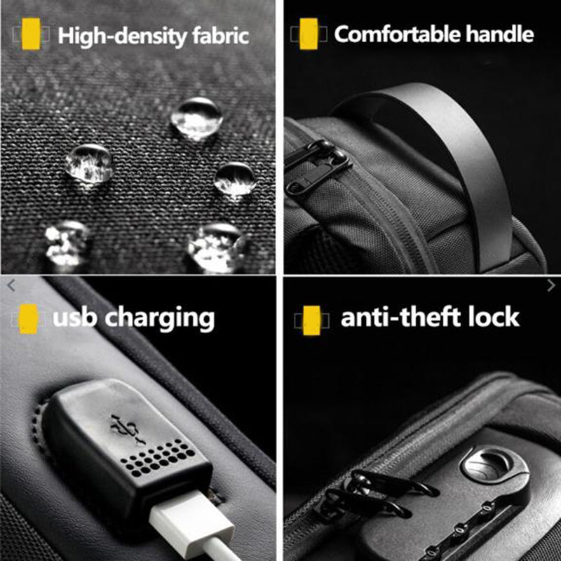Men’s waterproof anti-theft USB shoulder sling bag in black Oxford cloth with single strap and multiple compartments for travel and daily use