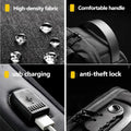 Product features including high-density fabric, comfortable handle, USB charging, and anti-theft lock