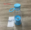 Clear Portable rechargeable USB blender with blue lid and base on a wooden surface, featuring text 'Blue 420ml'.