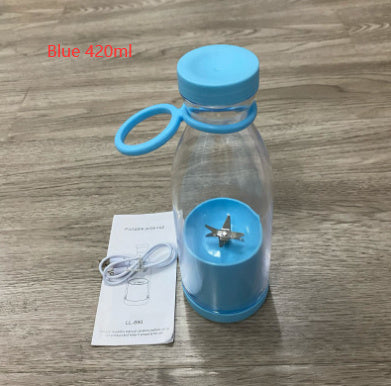 Clear Portable rechargeable USB blender with blue lid and base on a wooden surface, featuring text 'Blue 420ml'.