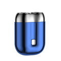 Blue and silver cylindrical device on a white background; Mini portable rechargeable electric shaver for men with floating cutter head and low-noise motor