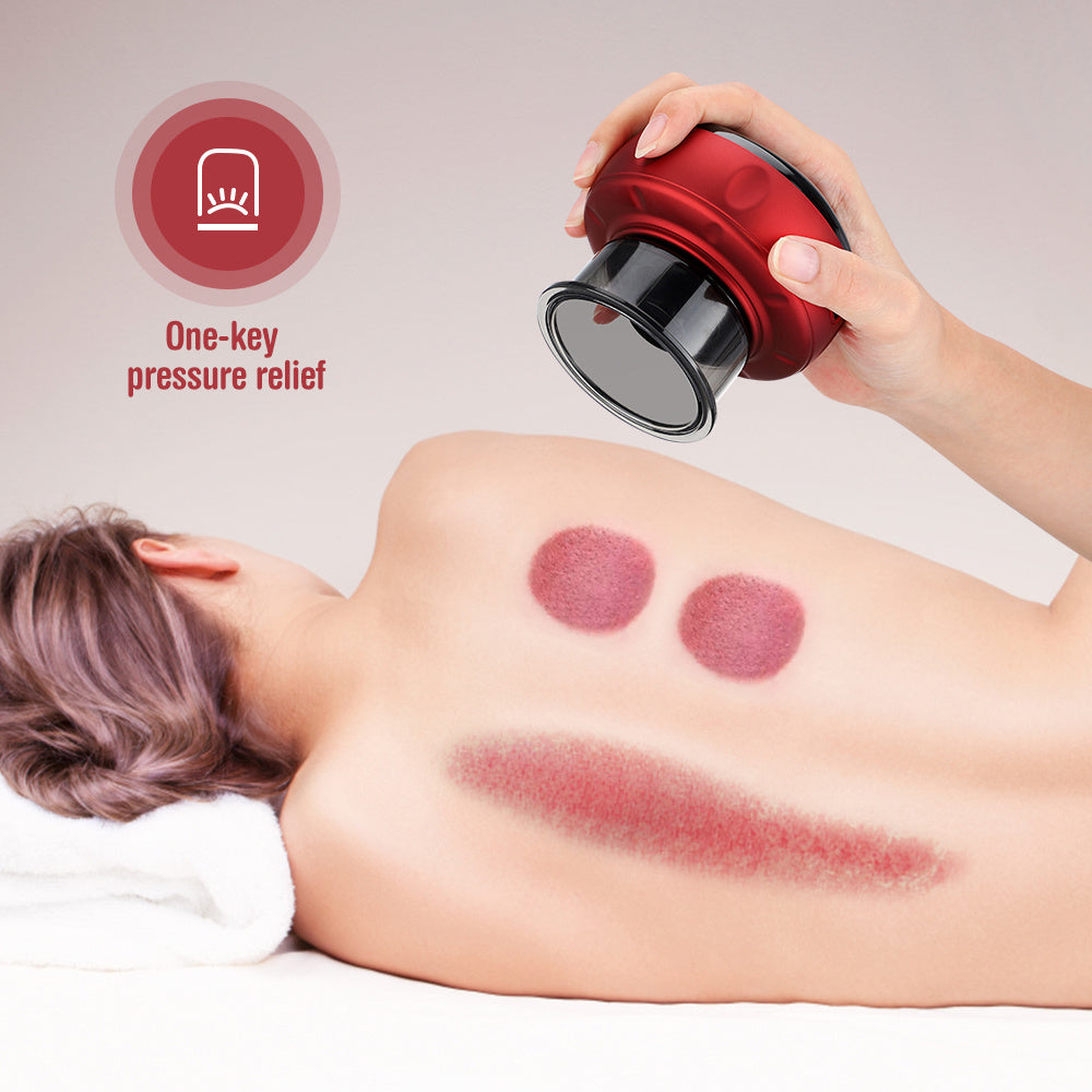 Person receiving cupping therapy on their back with a electronic red cupping massager device