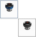 Two views of a black and blue electronic device on a white background