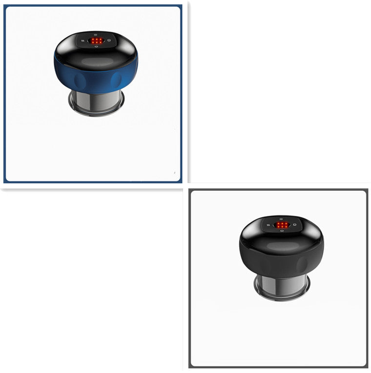 Two views of a black and blue electronic device on a white background