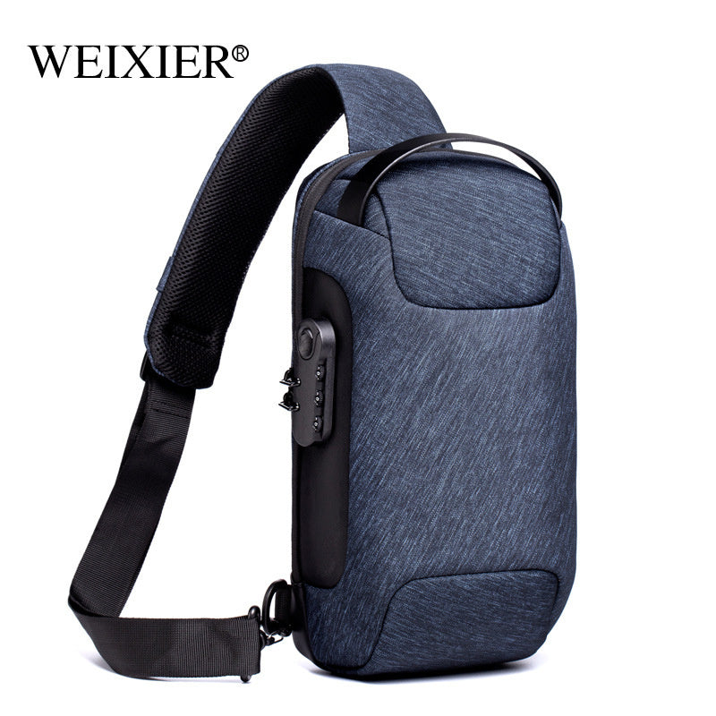 Blue sling bag with USB port on a white background; Men’s waterproof anti-theft USB shoulder sling bag in black Oxford cloth with single strap and multiple compartments for travel and daily use