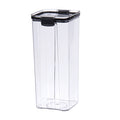Clear storage container with a black lid on a white background