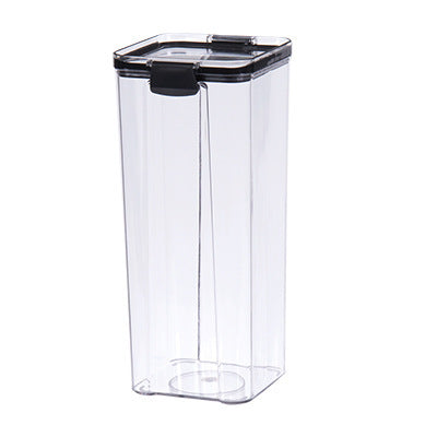 Clear storage container with a black lid on a white background