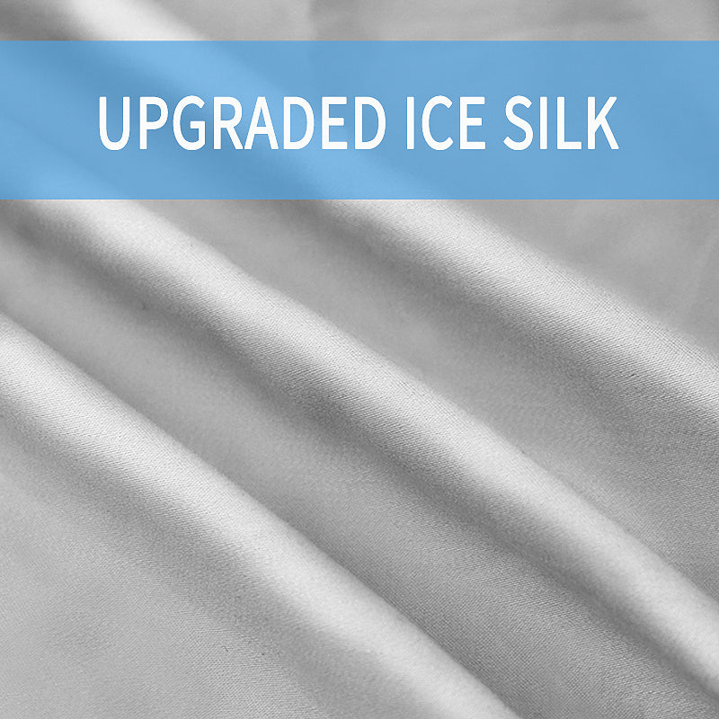 Text 'UPGRADED ICE SILK' on a gray fabric background