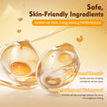 Product advertisement with two glass containers of a liquid on a beige background, highlighting safe skin-friendly ingredients