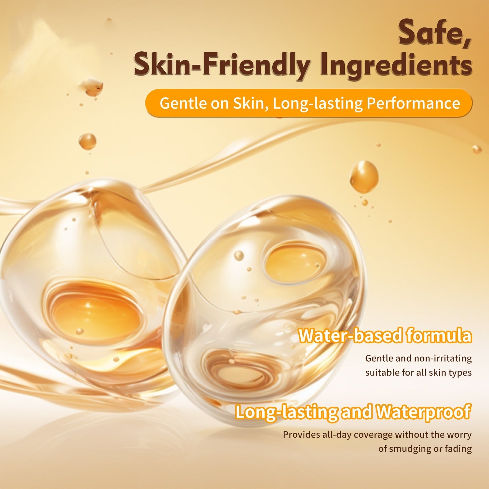 Product advertisement with two glass containers of a liquid on a beige background, highlighting safe skin-friendly ingredients