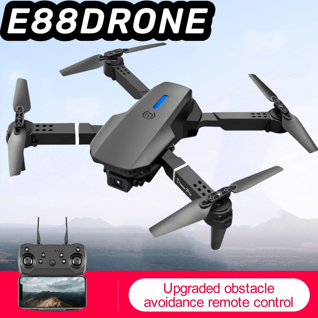 Black E88 Smart Camera Drone folded view with remote control and obstacle avoidance feature on a blue sky background