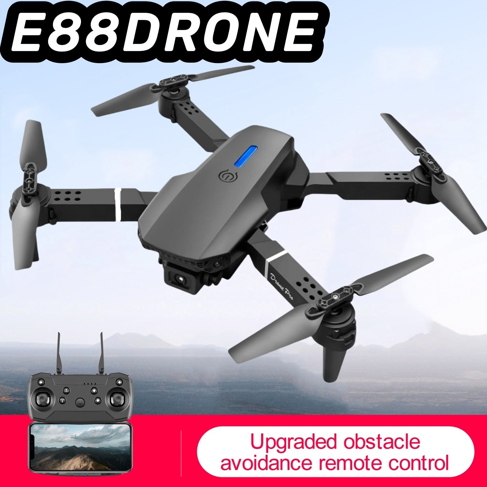 Black E88 Smart Camera Drone with remote control and obstacle avoidance feature on a clear sky background