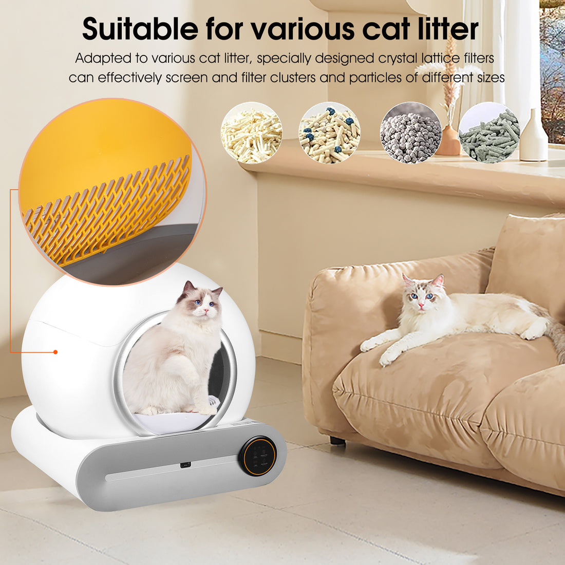 Self-cleaning automatic cat litter box with app control, odor removal, and safety sensors for multiple cats