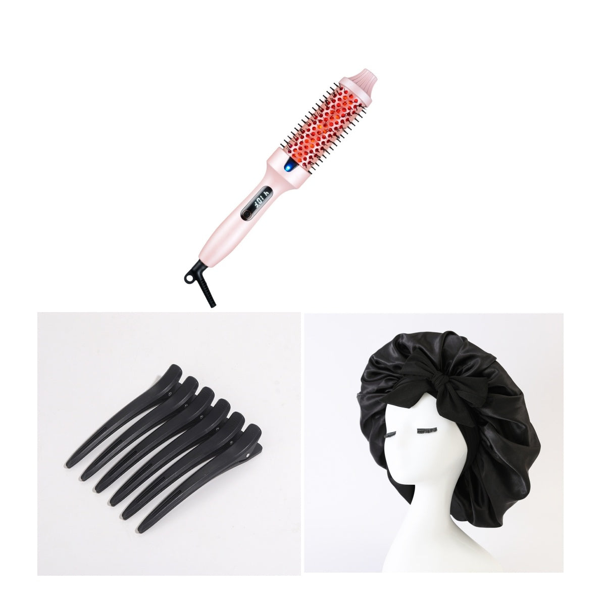 Hair styling tools including a pink hairbrush, black combs, and a black bonnet on a white background.