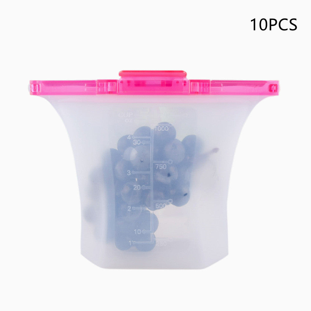 Silicone food storage bag with pink lid and measurement markings on a white background