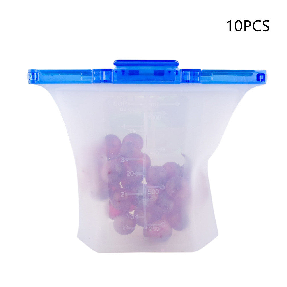 Silicone food storage bag with grapes inside, blue lid, and '10PCS' text on a white background.