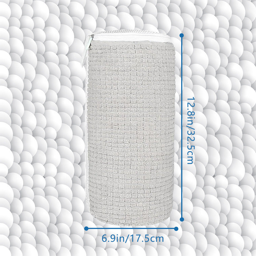 Textured cylindrical object with dimensions labeled on a white background