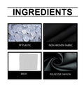 Ingredients of a product displayed with images and labels for PP plastic, non-woven fabric, mesh, and polyester taffeta.
