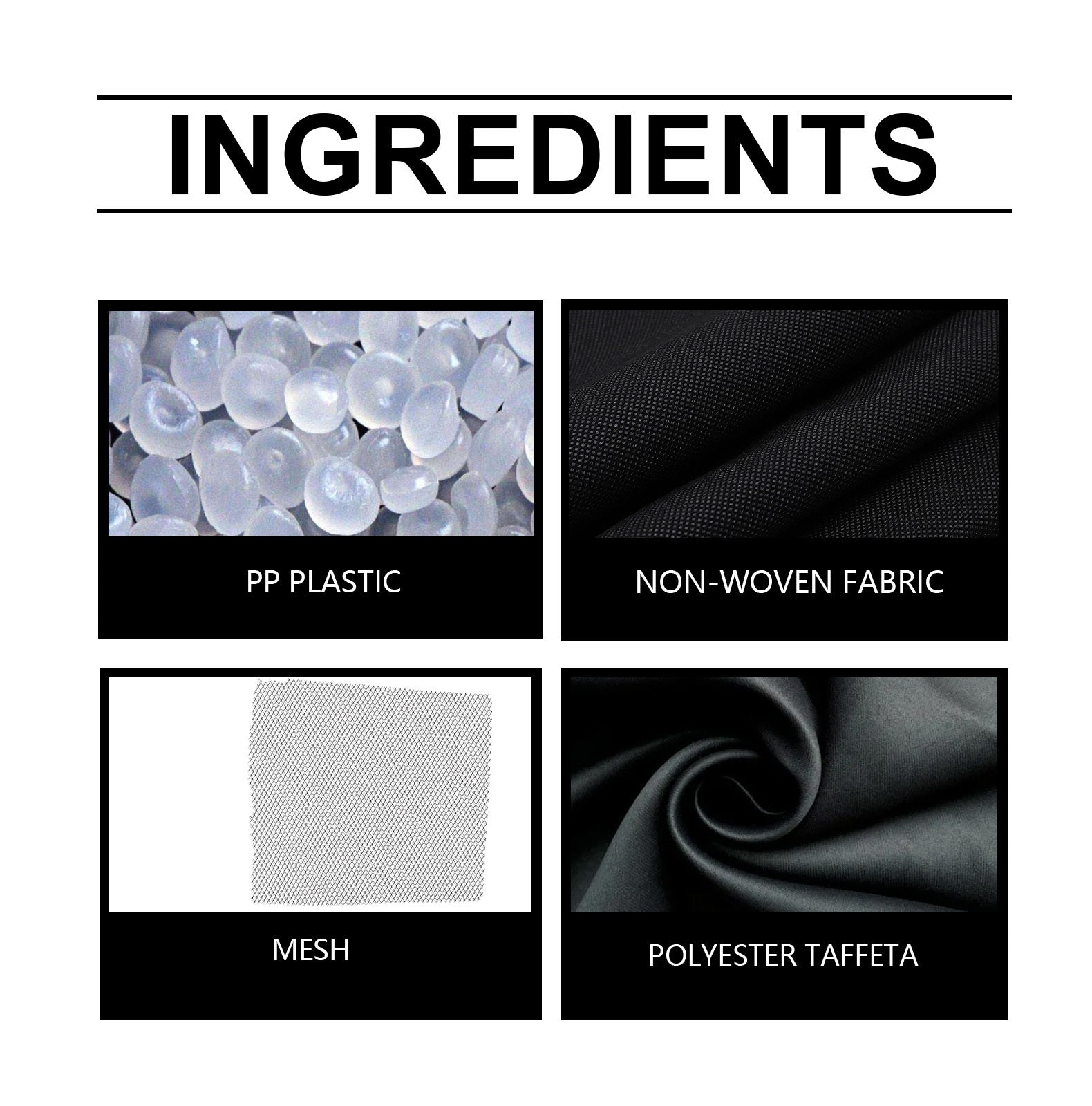 Ingredients of a product displayed with images and labels for PP plastic, non-woven fabric, mesh, and polyester taffeta.