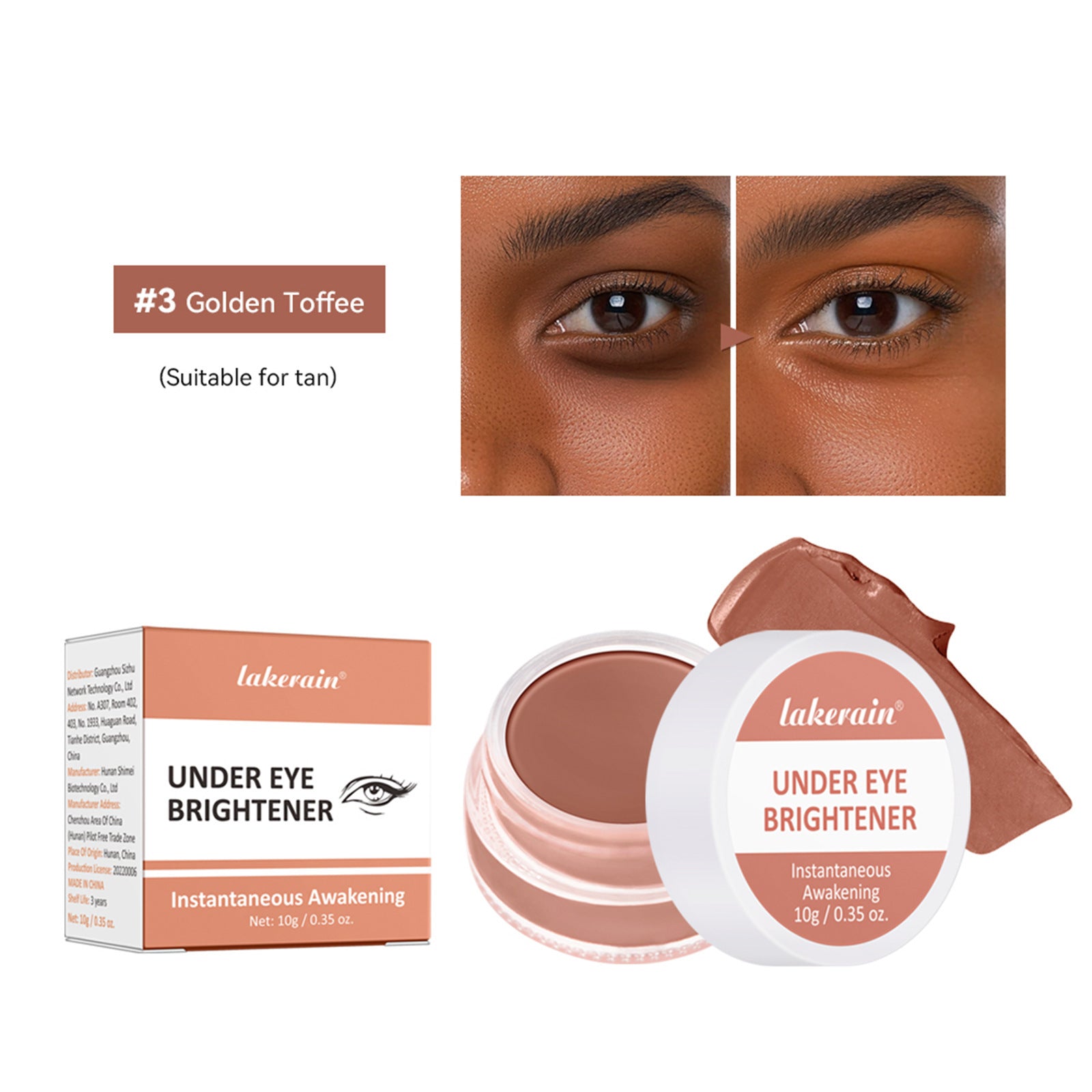 Lakerain Under Eye Brightener with packaging and before-and-after effects on eyes.