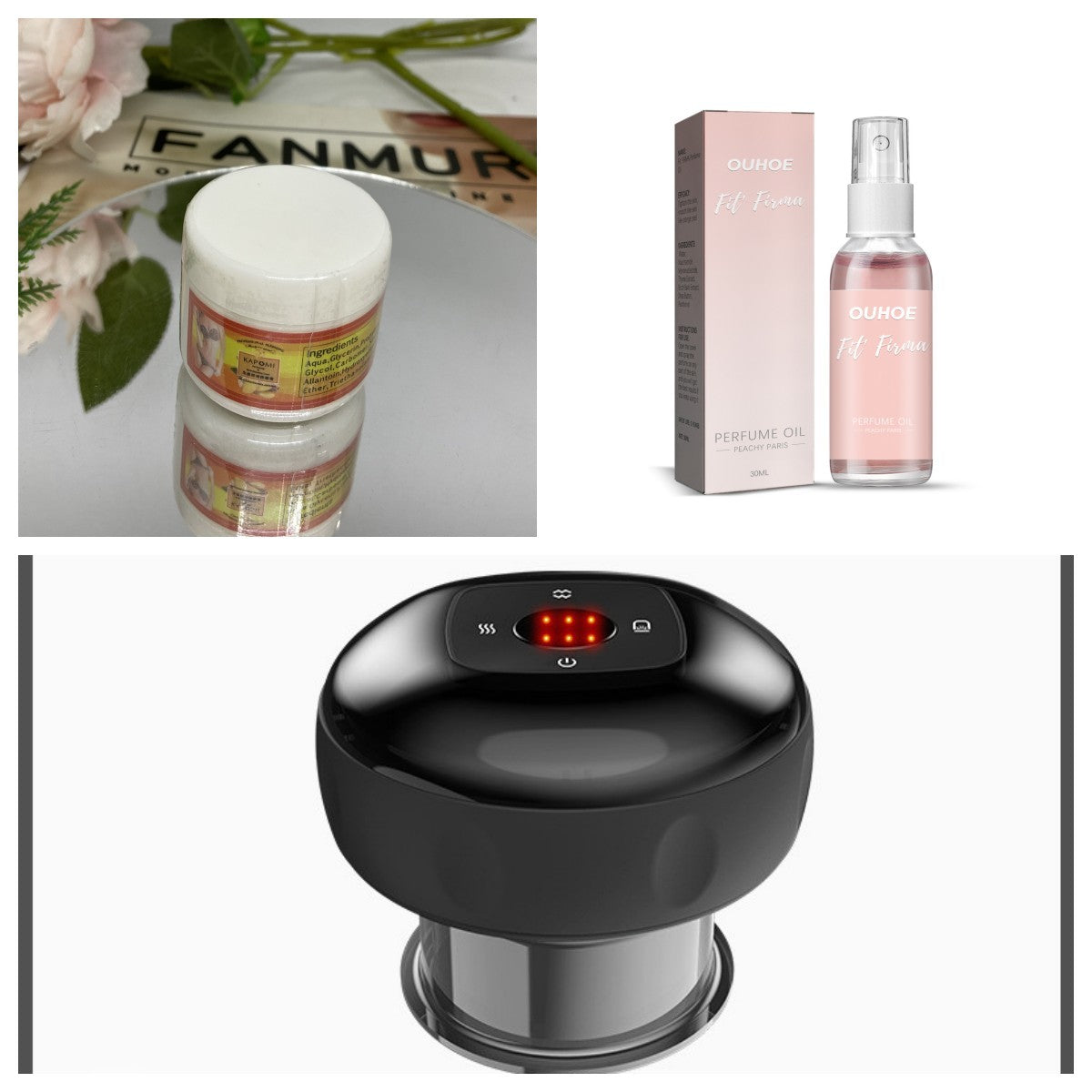Collage of a black electronic device, a container labelled 'Fanmuh', and a perfume bottle with packaging