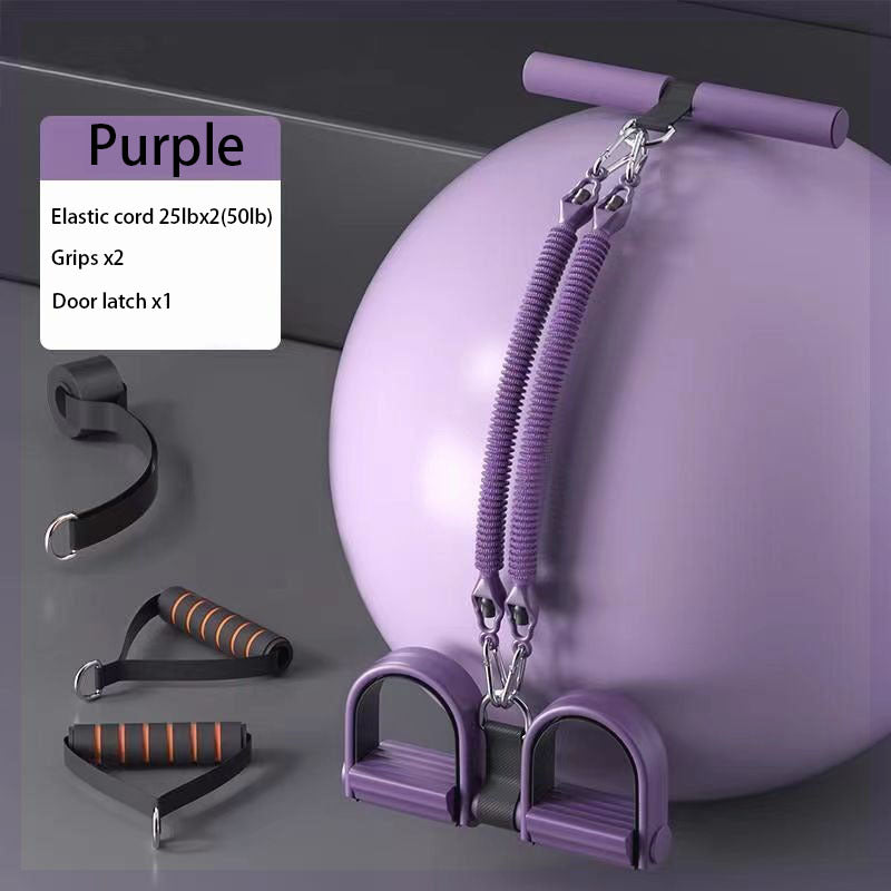 Adjustable resistance bands with foot pedals and handles in purple color