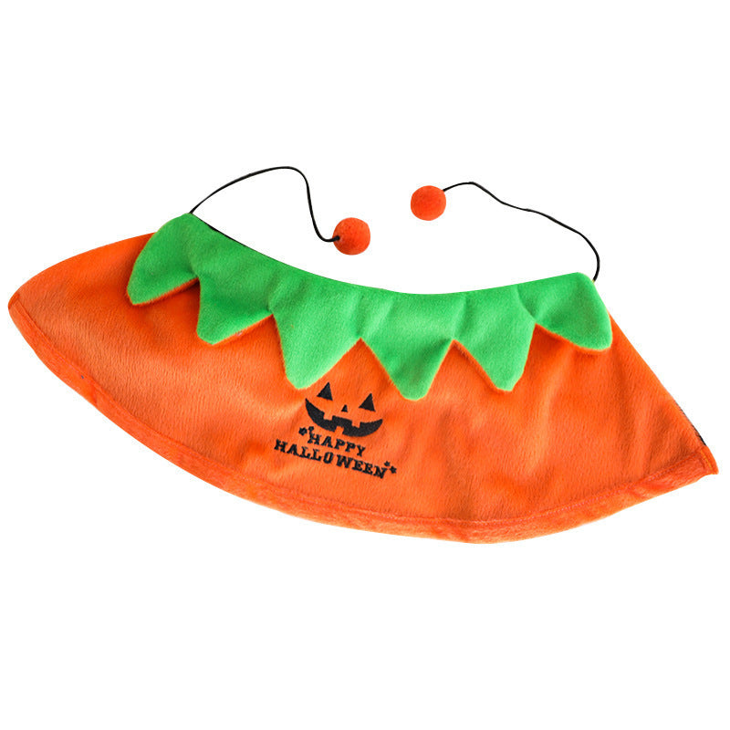 Pumpkin-shaped costume with green top and 'Happy Halloween' text on an orange background