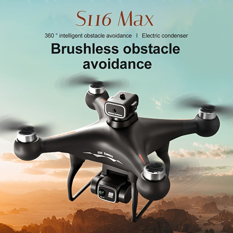 S116 MAX 4K Dual Camera Drone with text about features on a scenic background