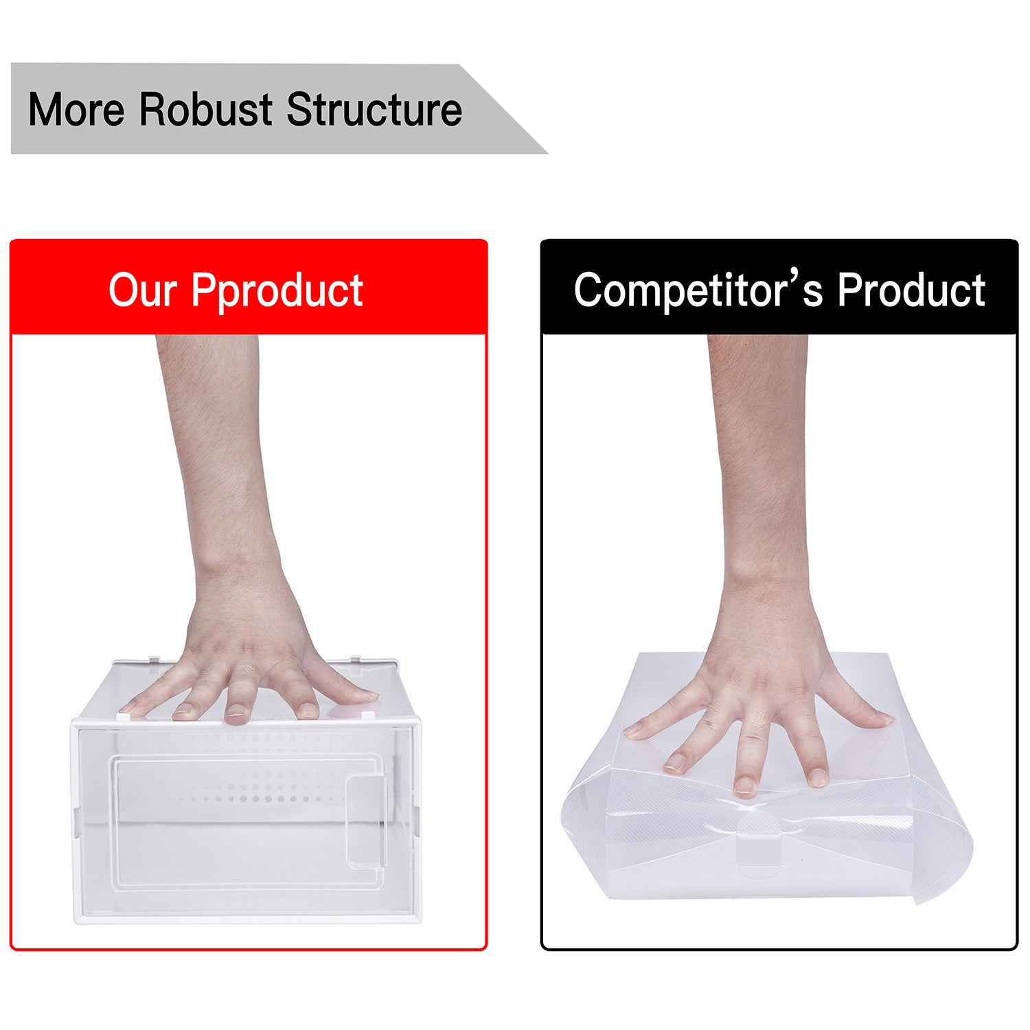 Comparison of 'Our Product' and 'Competitor's Product' with hands on a scale