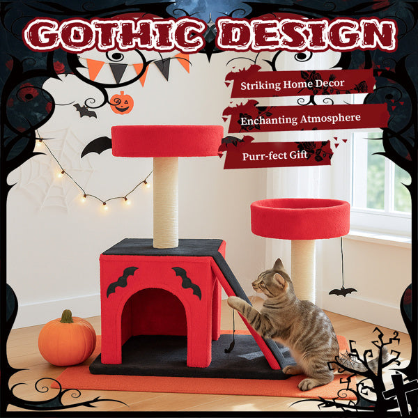 Halloween-inspired cat condo with scratching posts and ladder