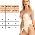 Beige bodysuit with size chart on a white background; Seamless jacquard one-piece tube top bra in skin color with detachable shoulder straps, designed for comfort and minimizing bust appearance