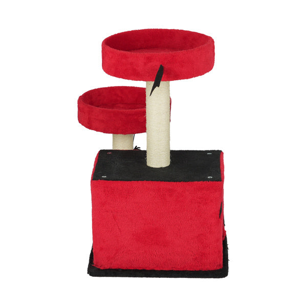 Cat playing with spider toy on Gothic red and black cat tree