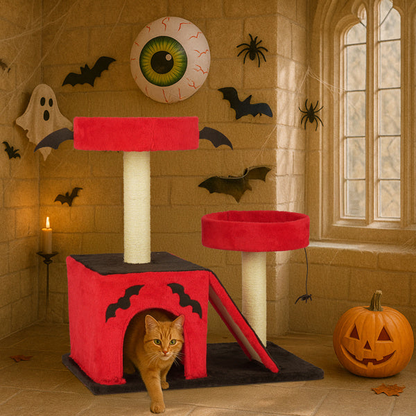 Cat playing with spider toy on Gothic red and black cat tree