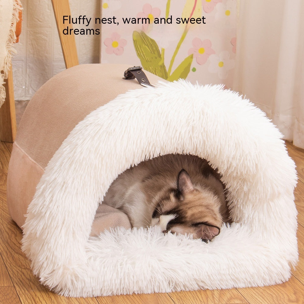 Portable pet nest bed for cats and dogs in brown color