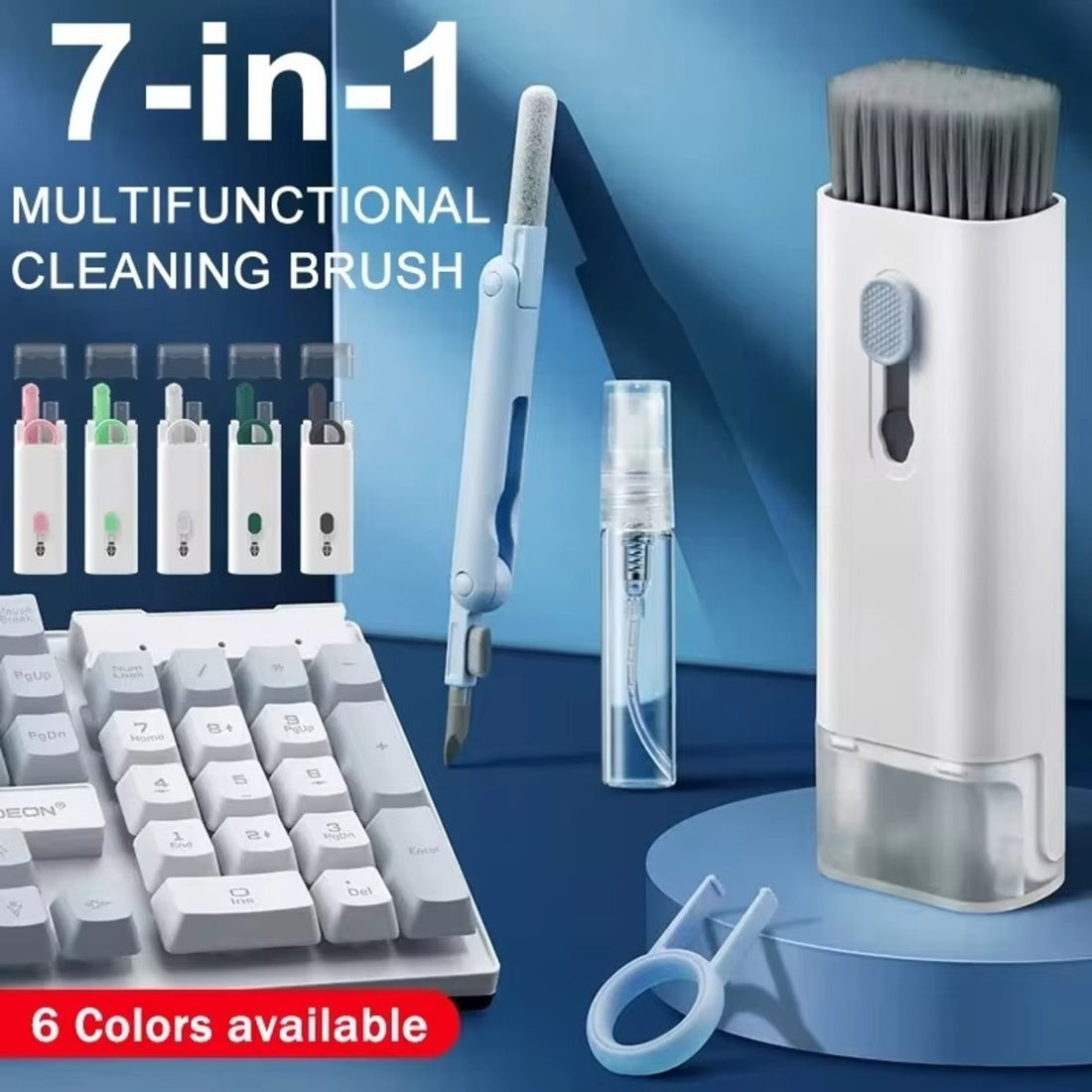 Multifunctional cleaning brush with various attachments on a blue background