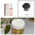 Collage of a perfume bottle, packaging, a black electronic massager device, and a jar with a label.