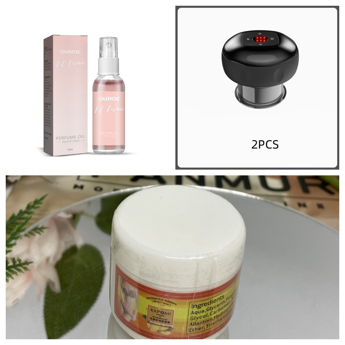 Collage of a perfume bottle, packaging, a black electronic massager device, and a jar with a label.